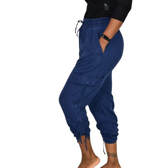 Zara Cargo Pants Blue High Waisted Ruched Crop Jogger Elastic Linen Size Small - Picture 6 of 14